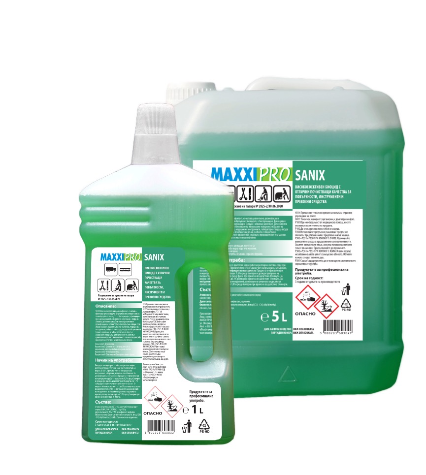 MAXXIPRO SANIX G surface disinfectant 1L and 5L packaging